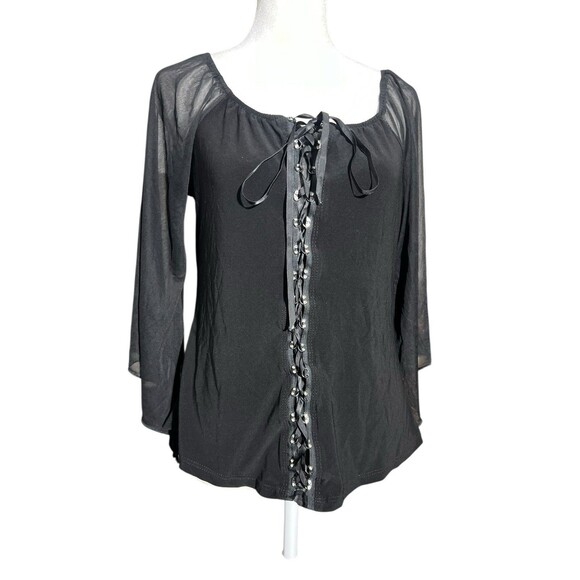 Y2K Anna Blouse Lace Up Front Black Whimsigoth Grunge Witchy Lightweight Sz 1X - Picture 1 of 16